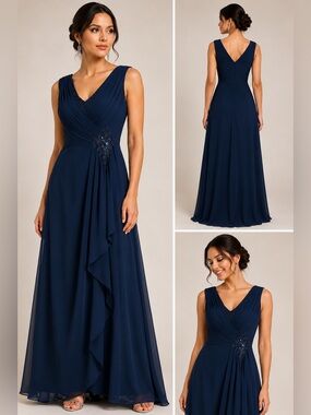 Navy Blue Chiffon Formal Maxi Dress Size 6 Beaded Ruched Evening Gown